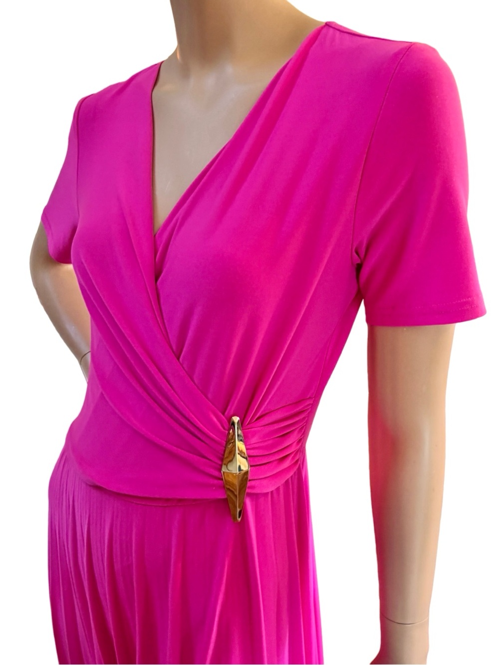 Joseph Ribkoff NWOT Fuchsia Pleated Midi Ruched Wrap Dress Made in Canada Sz 10 - Picture 4 of 15